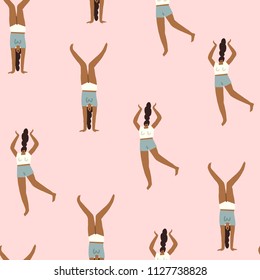 Women feminist seamless pattern. Girls playing and dancing illustration in vector