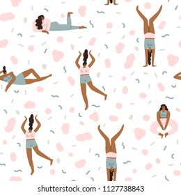 Women feminist seamless pattern. Girls playing and dancing illustration in vector