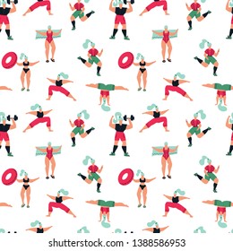 Women feminist seamless pattern. Girls doing sports. Poses of yoga, exercises for healthy lifestyle, swimming in pool. Trendy pattern with girls in summer swimsuits and sportswear. Body positive
