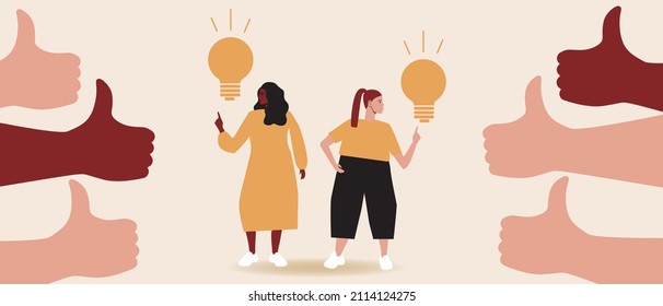 Women feminists with a light bulb as an idea. Society praise. Flat vector stock illustration isolated. Hand with thumbs up. The concept of emancipation and equality of women