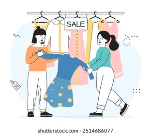 Women fight over clothes. Young girls pull dress over themselves. Buyers in boutique or shopping center fight to fashionable apparel. Linear vector illustration isolated on white background