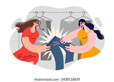 Women fight over new trousers in fashion boutique, wanting to grab latest piece of clothing at bargain price. Battle of female shoppers in clothing store during sales season or black friday