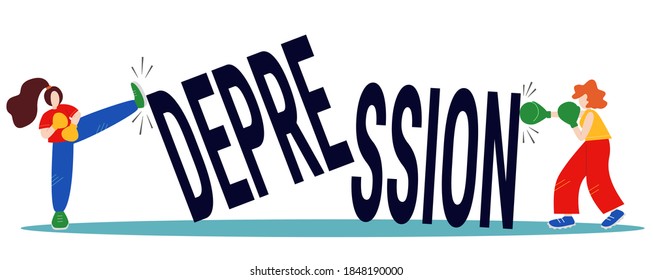 Women fighting the depression word. Psychology consept. Flat vector isolated on white illustration. Woman action illustration.