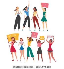 Women Fighting for their Rights Set, Female Protester Characters, Empowerment Movement, International Women Day Cartoon Vector Illustration