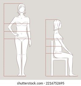 Frauenfigur. Körperverhältnisse für Nähkleidung. Bust, Taille, Hüftlinien. Weibliche Silhouette. Vorn, hinten, seitliche Sicht. Sitzende Frau. Vektorgrafik.