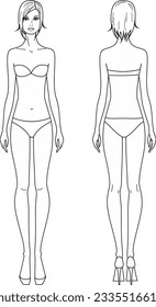 Women figure. Female body silhouette. Front and back. Fashion croquis template for technical drawing. Outline sketch. Vector illustration.