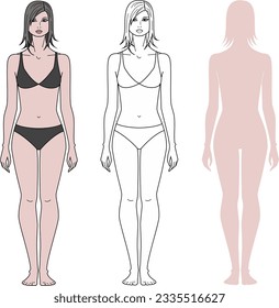 Women figure. Front view. Female body silhouette. Fashion croquis template for technical drawing. Woman outline sketch. Vector illustration.