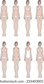 Women figure set. Female body silhouette in swimsuit. Fashion technical drawing template. Outline silhouette sketch. Vector illustration. 
