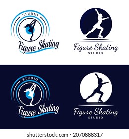 Women Figure Skating Logo Design. Logo design for ice skating dance studio. Vintage, classic, luxury, and premium Logo