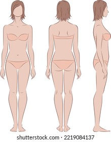 Women figure template. Female body silhouette. Front, back, side views. Woman outline sketch. Tempate for technical drawing. Vector illustration.