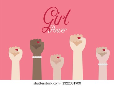 Women fist hands and inscription Girl power. Vector illustration poster