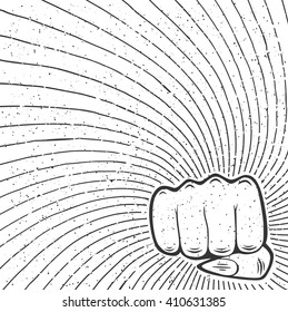 Women fist with sunbursts in vintage style. Vector illustration