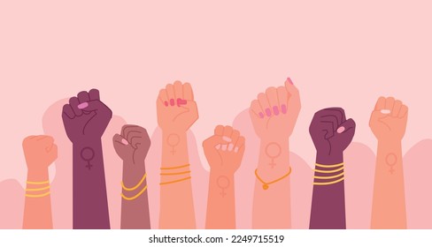 Women fists revolution. Female protesters hands, american womans rights day, feminist banner strong girl fist hand power feminism symbol empowerment convention vector illustration of revolution female