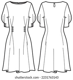 Women fit and flared dress design flat sketch fashion illustration drawing with front and back view, A line dress vector template