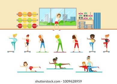 Women In Fitness Club Doing Different Workout Trainings With Instructor