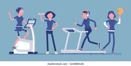 Women fitness club. Slim attractive ladies doing sport exercise at strength training equipment and workout for health and weight loss, body shape and hobby. Vector illustration, faceless characters