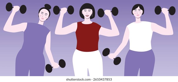 Women fitness with dumbbells for wellness, exercises for asian or chinese people, inclusive flat vector stock illustration for sstkWellness
