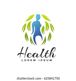 Women fitness logo. Fitness icon. Sports, health, spa, yoga, beauty vector logo. Woman silhouette. Diet, Leafs, Spa salon logo. Natural and organic food icon. Cosmetics, Beauty salon logo. 