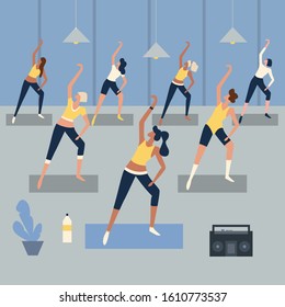 Women fitness training lesson, training with steps aerobic exercises. Sports people, health and jumping, vector illustration