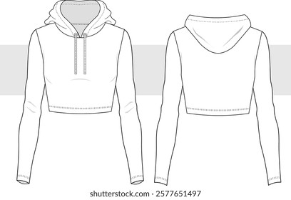 Women fitted cropped hoodie technical fashion illustration drawing. Long Sleeve Hoodie Pullover T-shirt vector template illustration. front and back view. CAD, mockup set.