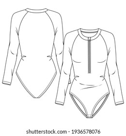 Women Fitted Long Sleeves one piece Rash guard swimsuit fashion flat sketch template. Raglan sleeves. Front Zipper. Swimwear Technical Fashion Illustration