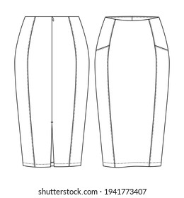 Women Fitted Pencil Skirt Vector Fashion Flat Sketches. Fashion Technical Illustration Template. Cut and sew detail. Back Slit