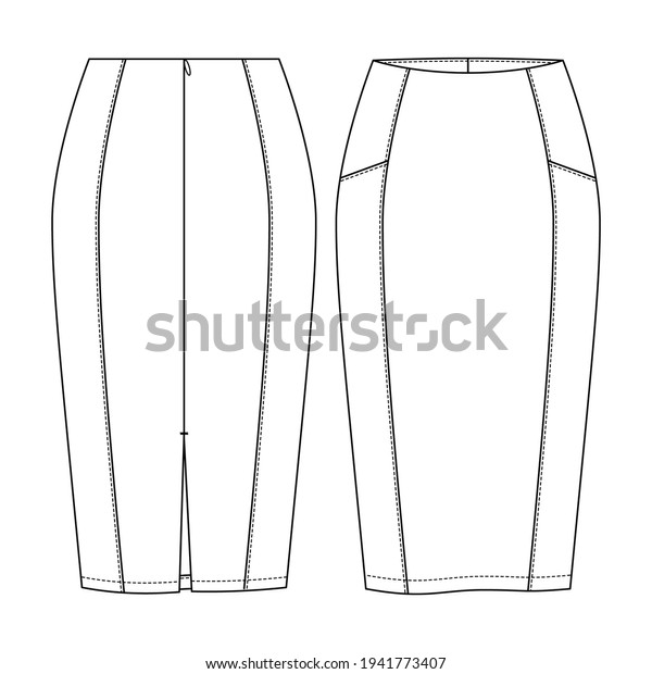 Women Fitted Pencil Skirt Vector Fashion Flat\
Sketches. Fashion Technical Illustration Template. Cut and sew\
detail. Back Slit
