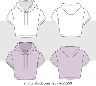 Women fitted t-shirt hoodie technical fashion illustration drawing. Short Sleeve Hoodie Pullover T-shirt vector template illustration. front and back view. CAD, mockup set.