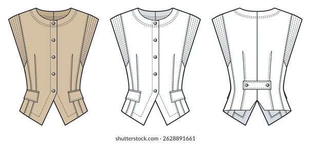 Women Fitted Vest Technical Fashion Illustration. Tailired Vest Jacket fashion flat technical drawing template, buttons, pockets, front and back view, white, beige, women CAD mockup.