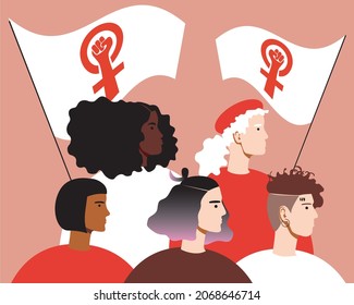 Women with the flag of feminism, a symbol of feminism. Flat vector stock illustration. Young, adult, old feminists together. A group of people with a flag. March 8. Break The Science Bias