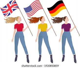 Women with a flag in their hands. The flag of Great Britain, the flag of Germany, and the flag of the United States. Girls in jeans and colorful T-shirts look away. Vector drawing.