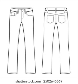 Women Flare denim jeans trouser pants front and back view flat sketch fashion illustration, Oversize mom jeans five pockets jeans denim pants cad drawing vector template