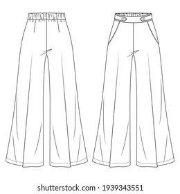 Women Flare High Waist Palazzo Trousers Vector Fashion Flat Sketches. Wide Leg Pant Fashion Technical Illustration Template