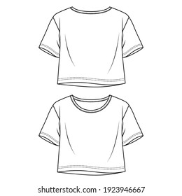 Women Flare Jersey Crop Top fashion flat sketch template. Girls Short Sleeves tee Technical Fashion Illustration. Relax Fit T-Shirt