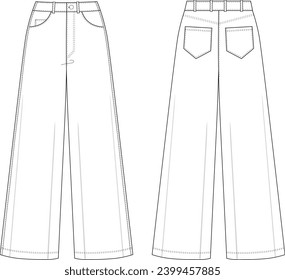 Women Flared Denim, Wide Leg Jeans, Jeans Front and Back View fashion illustration vector, CAD, technical drawing, flat drawing.