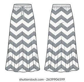 Women Flared Skirt with Chevron Dot Pattern Technical Fashion Illustration. Long Skirt fashion flat technical drawing template, bias cut, drawstring waist, front and back view, women CAD mockup.