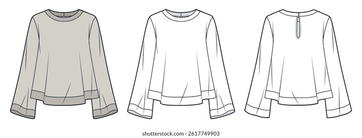 Women flared sleeve Blouse technical fashion Illustration. Bell Sleeve Shirt fashion flat technical drawing template, front and back view, white, beige, women Top CAD mockup set.