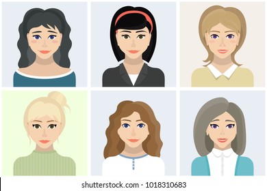 Women flat avatars set with smiling faces. Detailed people portraits icons collection. Vector illustration.