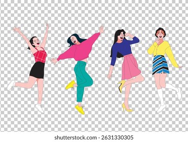 women in flat or lowbrow art style with joyful expressions, jumping in cute outfits on transparent background. Great for creative designs, lifestyle projects, and character-driven concept.