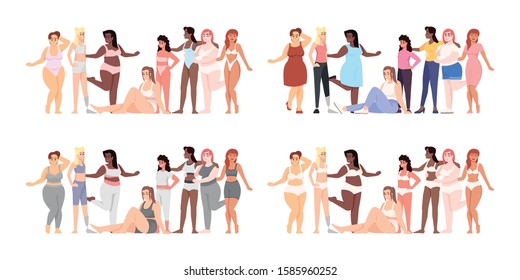 Women flat vector illustrations set. Body positive. Thin and plus size figure. Struggle for equality and feminism. Smiling ladies of different nationalities isolated cartoon characters