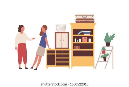 Women at flea market flat vector illustration. Cartoon girls, neighbors meeting at garage sale. Female shopper asking old furniture price. Second hand shop customers choosing antique purchases.