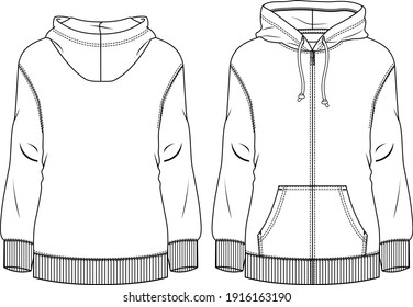 Women Fleece Top fashion flat sketch template. Technical Fashion Illustration. Sweatshirt