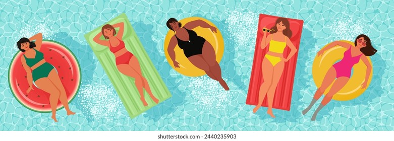 Mujeres flotando en anillos inflables en la piscina. Ilustración vectorial plana