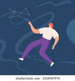 women floating in space with planets and stars. flying in sky with stars wearing casual clothes