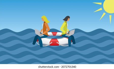 Women floating in water on life buoy. Vector illustration. Dimension 16:9.
