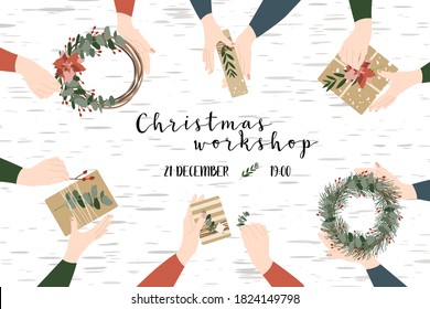 Women florists making christmas wreaths, holiday workshop. Eco decoration, flat lay. Presents in kraft paper. Rustic gift box. Xmas and New Year celebration preparation. Vector flat style