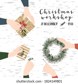 Women florists making christmas wreaths, holiday workshop. Eco decoration, flat lay. Presents in kraft paper. Rustic gift box. Xmas and New Year celebration preparation. Vector flat style