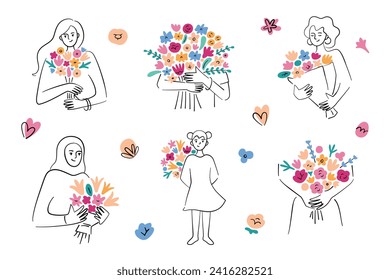 Mujeres con ramos de flores, regalos para San Valentín o Día de la Madre colección dibujada a mano, íconos de doodle de flores de colores en manos de mujeres, ilustraciones vectoriales de bellas niñas felices