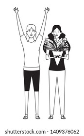 women with flower and hands up avatar cartoon character black and white vector illustration graphic design