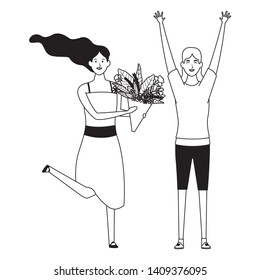 women with flower and hands up avatar cartoon character black and white vector illustration graphic design